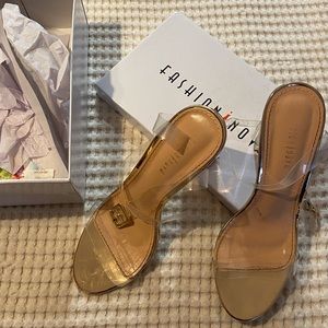 Clear strap stacked heels